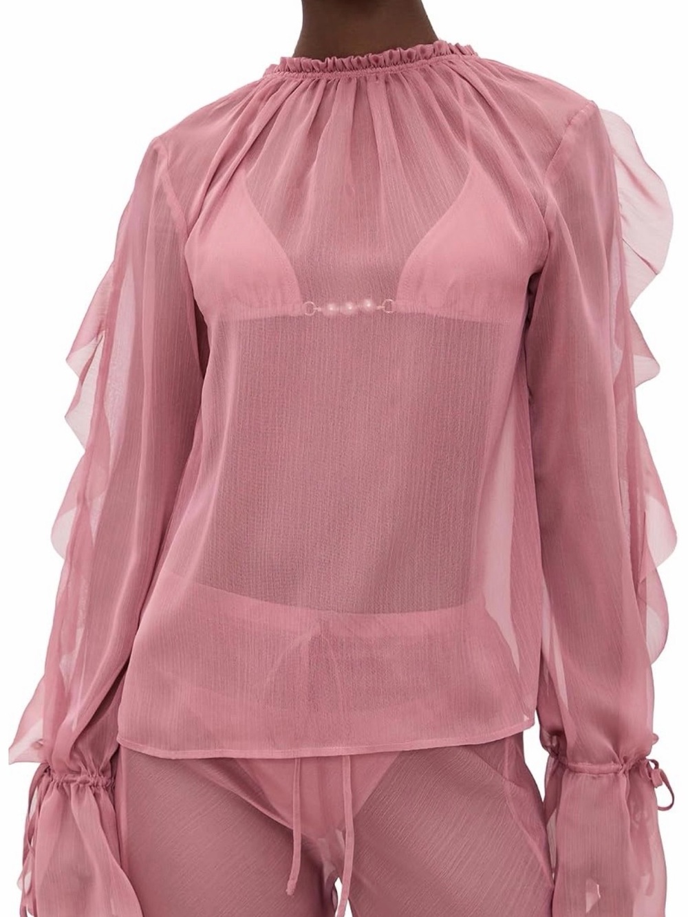 Shani Shemer Jeanie Coverup Top Sheer Ruffled Long-Sleeve Blouse in Dusty Rose M